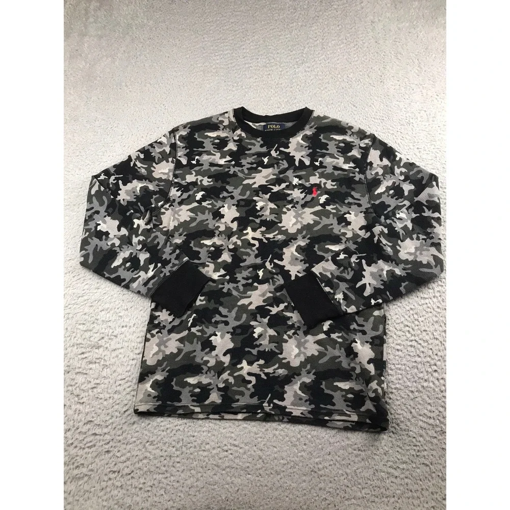 Polo Ralph Lauren Thermal Shirt Mens L Gray Black Camo Waffle Knit Long Sleeve